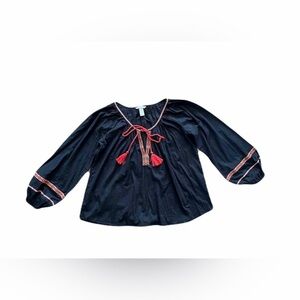 H&M women’s 6 peasant blouse, embroidered boho, tassel black